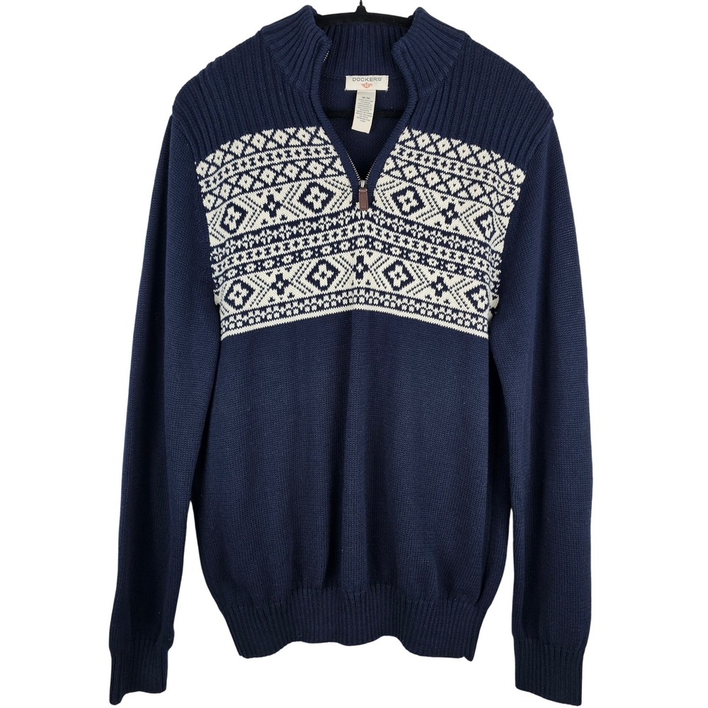 Y2K Dockers Mens Fair Isle‎ Quarter Zip Sweater M Navy Blue Cotton Pullover